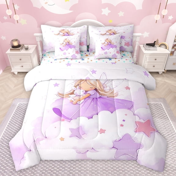 Castle Fairy Preppy Child Kawaii Rabbit Girl Bedding Comforter Set 7-Piece,Starry Sky King Bedding Sets,Dreamy Princess Ultra Soft Bed Sheets,Super Cozy Room Decor,Reversible