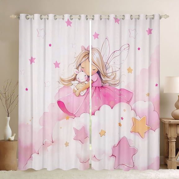 Castle Fairy Preppy Child Kawaii Rabbit Girl Black Out Curtains,Starry Sky Curtains Pack of 2 (42x63 Each),Dreamy Princess Bedroom Curtains,Super Cozy Room Decor