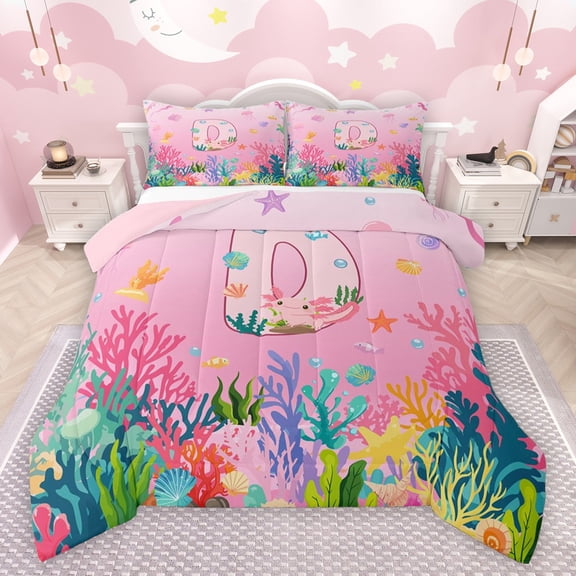 Castle Fairy Preppy Child Personalized Initial D 3 Pieces Queen Comforter Set,Cartoon Marine Axolotl Ultra Soft Bedding Sets,Cute Ocean Wildlife Bedding Comforter Set Breathable