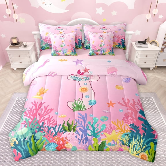 Castle Fairy Preppy Child Personalized Initial J Bedding Comforter Set 7-Piece,Cartoon Marine Axolotl King Bedding Sets,Cute Ocean Wildlife Ultra Soft Bed Sheets,Lightweight Room Decor,Reversible
