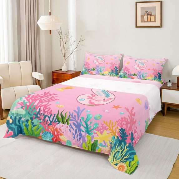 Castle Fairy Preppy Child Personalized Initial S Twin Sheet Sets 3pcs,Cartoon Marine Axolotl Twin Fitted Sheet Microfiber,Cute Ocean Wildlife Breathable Flat Sheet,Lightweight Room Decor