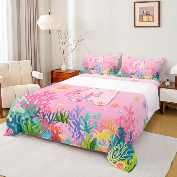 Castle Fairy Preppy Child Personalized Initial A Twin Sheet Sets 3pcs,Cartoon Marine Axolotl Twin Fitted Sheet Microfiber,Cute Ocean Wildlife Breathable Flat Sheet,Lightweight Room Decor