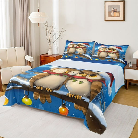 Castle Fairy Preppy Children Cute Animal Owl 4 Pieces Queen Sheet Sets,Happy Winter Xmas Ultra Soft Flat Sheet,Merry Christmas Queen Fitted Sheet,Lightweight Room Decor