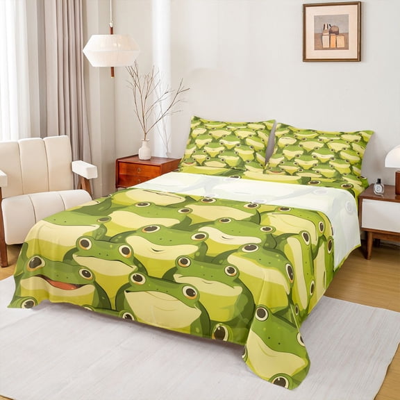Castle Fairy Preppy Children Green Frog Bed Sheets,Kawaii Wildlife King Sheets