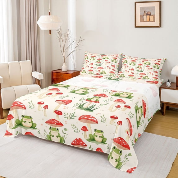 Castle Fairy Preppy Children Green Frog Queen Sheet Sets,Red Mushroom Bed Set