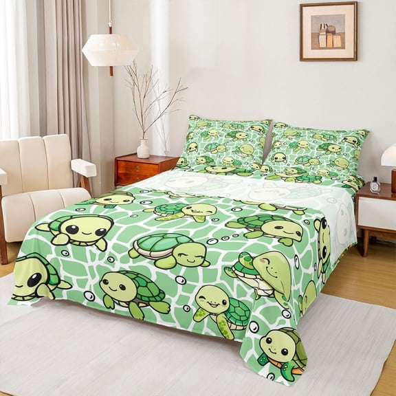 Castle Fairy Preppy Children Green Sea Turtle Full Size Sheets 4-Piece,Marine Animal Breathable Bed Sheets,Cartoon Ocean Wildlife Lightweight Sheet Sets,Breathable Home Decor