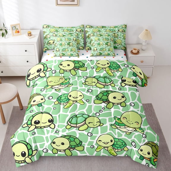 Castle Fairy Preppy Children Green Sea Turtle Twin Bedding Sets 7-Piece,Marine Animal Bedding Comforter Set Microfiber,Cartoon Ocean Wildlife Breathable Sheet Sets,Breathable Home Decor,Reversible