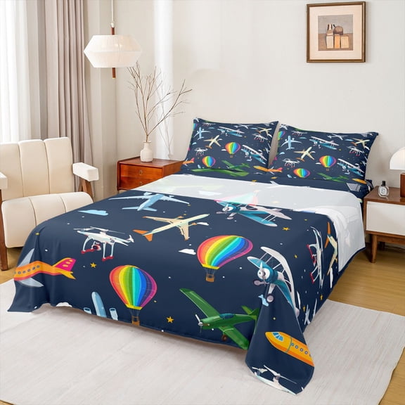 Castle Fairy Preppy Children Kawaii Plane 4pcs Bed Sheets,Cartoon Aircraft King Sheets,Starry Sky Super Cozy Sheet Set,Lightweight Room Decor
