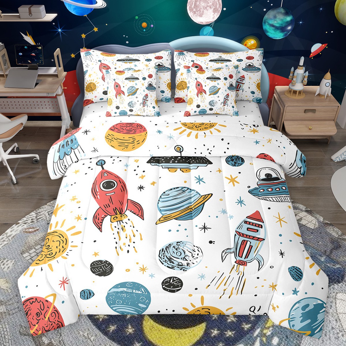 Preppy Rockets Castle Fairy Preppy Children Kawaii Planet Rocket Bedding Comforter Set ...
