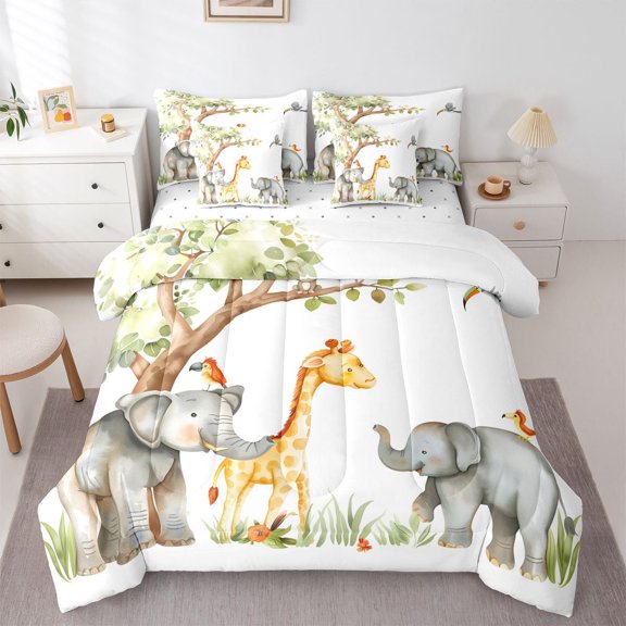 Castle Fairy Preppy Elephants Giraffe Bedding Comforter Set,Cute Wildlife Full Bedding Set