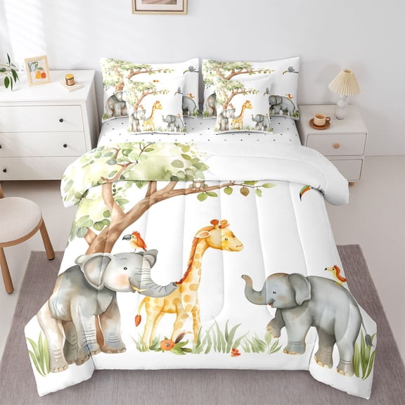 Castle Fairy Preppy Elephants Giraffe Bedding Comforter Set,Wildlife Queen Bedding Sets