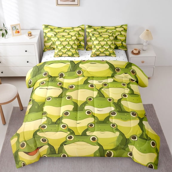 Castle Fairy Preppy Green Frog Bedding Comforter Set,Kawaii Wildlife King Bedding Sets