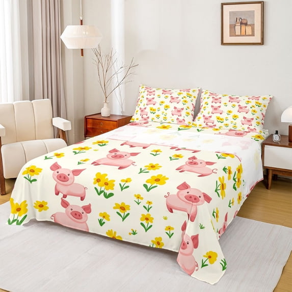Castle Fairy Preppy Kids Cute Pig Bed Sheets,Cartoon Farmhouse Animal King Sheets
