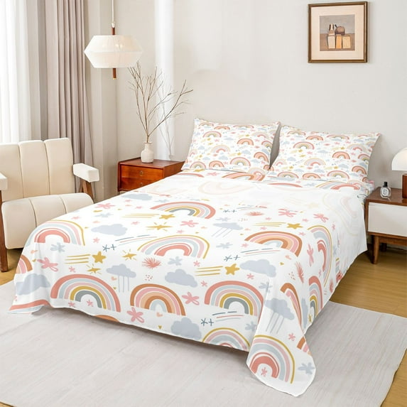 Castle Fairy Preppy Kids Teens Cartoon Rainbow Twin Sheet Sets,Kawaii Starry Sky Bedding