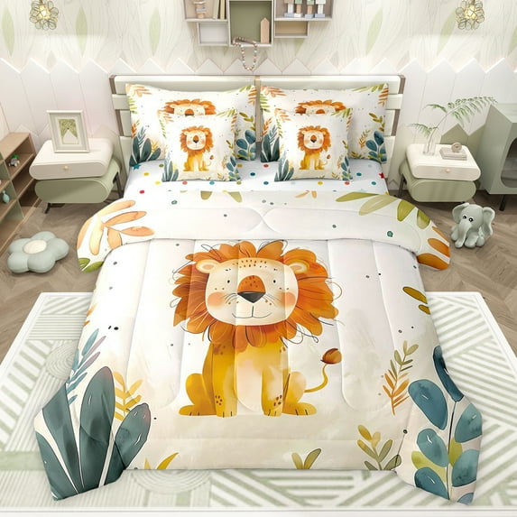 Castle Fairy Preppy Lion Wildlife Bedding Comforter Set,Cute Leaves ...