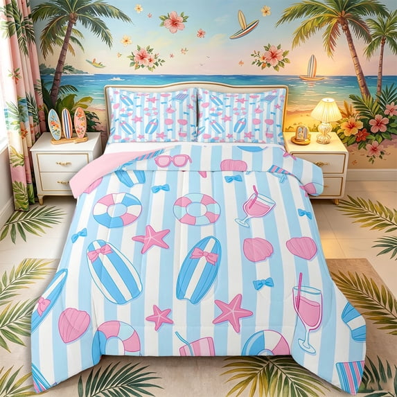 Castle Fairy Preppy Striped Summer Beach Gear King Size Comforter Sets 3pcs,Surfboard Cocktail Starfish Tile Comforters King Size,Pink Sky,Pink Reversible,1 Comforter and 2 Pillowcases