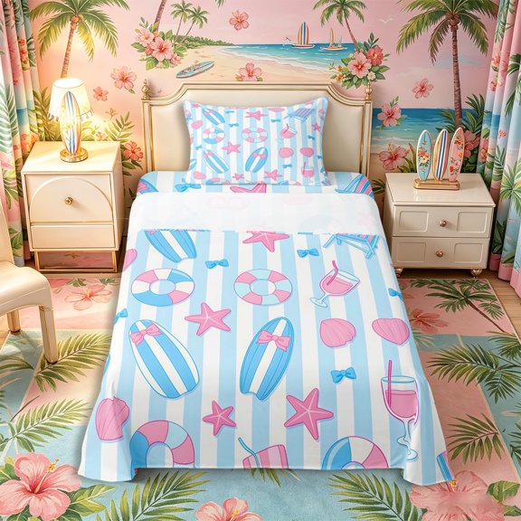 Castle Fairy Preppy Striped Summer Beach Gear Twin Sheets 3pcs,Surfboard Cocktail Starfish Tile Bedding,Pink Sky,1 Fitted Sheet,1 Flat Sheet and 1 Pillowcase