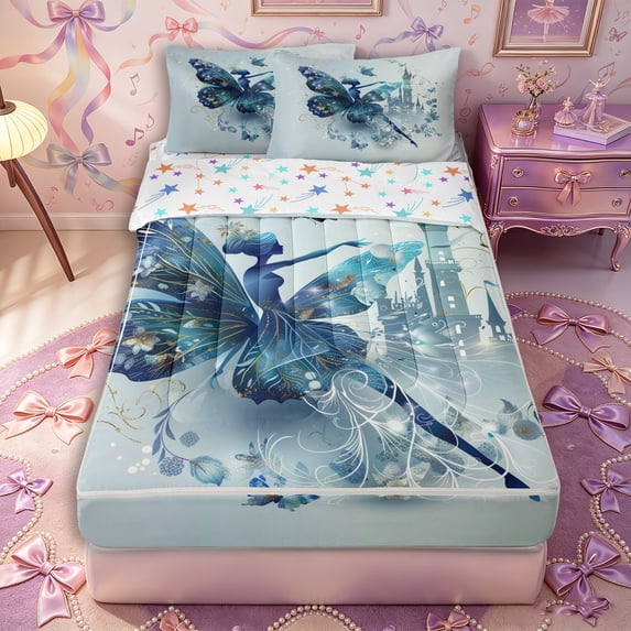 Castle Fairy Princess Castle Elf Print Zipper Twin Comforter Sets with Fitted Sheet and 2 Pillowcases,Chic Floral Butterfly Pattern Zipper Bedding Set,Blue White,Grey Reversible,4-Piece