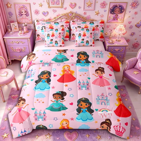 Castle Fairy Princess Castle Full Size Bedding Sets 7 Pieces,Colorful Floral Pattern Full Size Bed in a Bag,Pink Teal Red