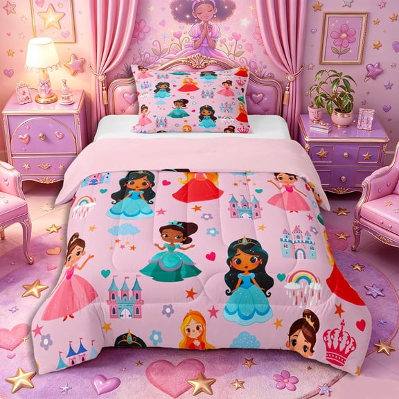 Castle Fairy Princess Castle Twin Comforter Sets 2pcs,Colorful Floral Pattern Bedding Set,Pink Teal Red,1 Comforter and 1 Pillowcase