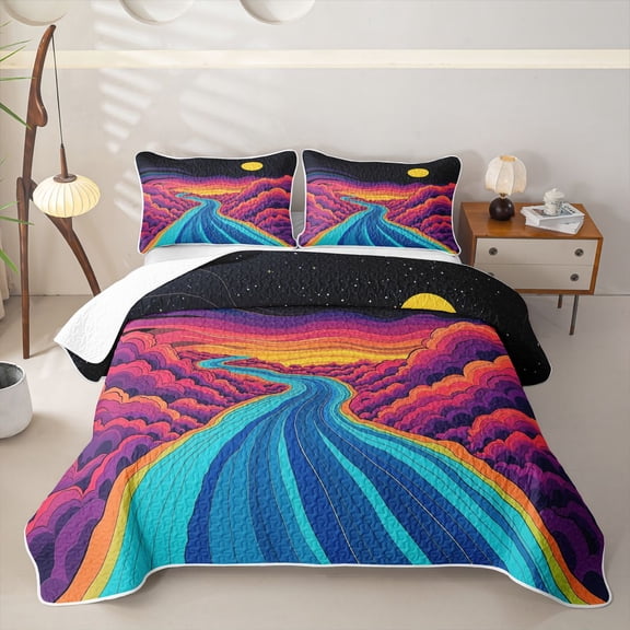 Castle Fairy Psychedelic Line Art Cosmic River Bed Spread Queen,Layered Swirl Cloud Space Print Queen Coverlet Set,Purple Orange