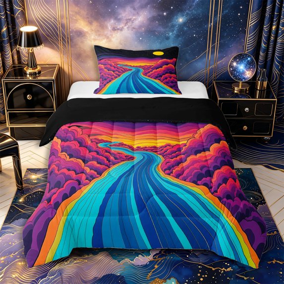 Castle Fairy Psychedelic Line Art Cosmic River Twin Comforter Sets 2pcs,Layered Swirl Cloud Space Print Bedding Set,Purple Orange,Black Reversible,1 Comforter and 1 Pillowcase