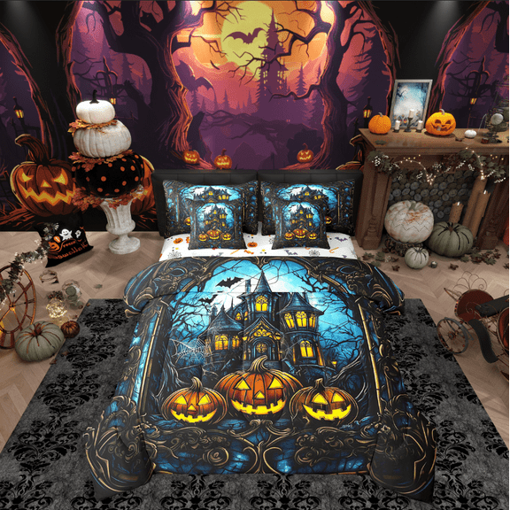 Castle Fairy Pumpkin Castle 7-Piece Bedding Comforter Set,Happy Halloween King Bedding Sets,Festival Theme Ultra Soft Bed Sheets,Ultra Soft Abstract Home Decor,Reversible