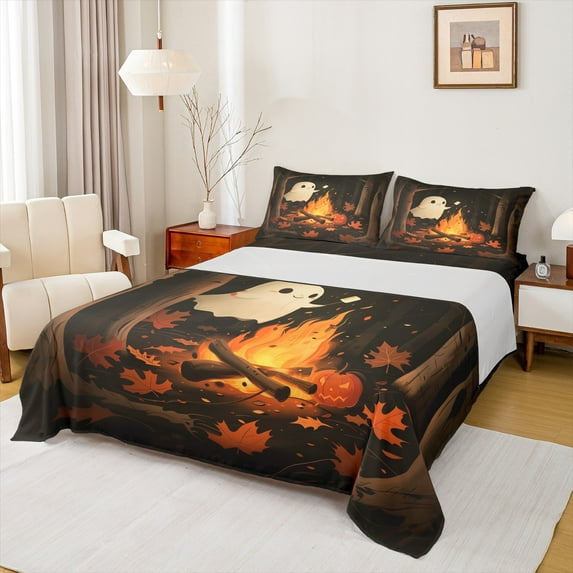 Castle Fairy Pumpkin Ghost 4 Pieces Queen Sheet Sets,Festival Halloween Ultra Soft Flat Sheet,Autumn Fall Queen Fitted Sheet,Microfiber Child Bedroom Decor
