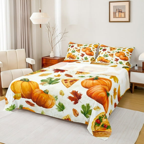 Castle Fairy Pumpkin Pizza 4pcs Bed Sheets,Autumn Harvest King Sheets,Botanical Plants Super Cozy Sheet Set,Luxury Teenager Bedroom Decor