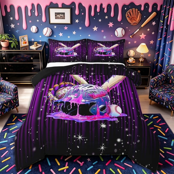 Castle Fairy Purple Baseball Helmet Bat King Size Comforter Sets 3pcs, Gradient Strips Ice Cream Comforters King Size,Black Reversible,1 Comforter and 2 Pillowcases