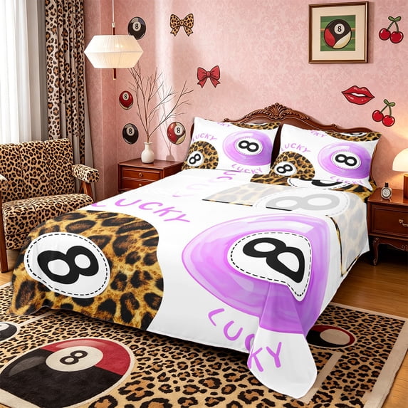 Castle Fairy Purple Billiards Bed Sheets 4-Piece, Vintage Cheetah Print Full Size Sheets, Brown Black,1 Fitted Sheet, 1 Flat Sheet and 2 Pillowcases