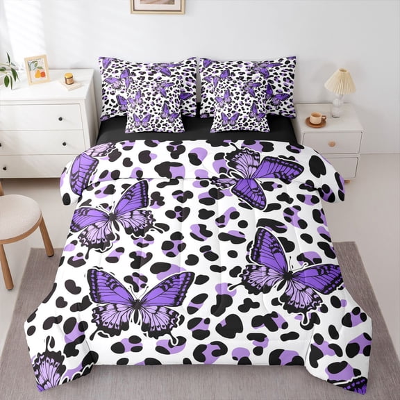Castle Fairy Purple Butterfly Bedding Comforter Set,Leopard Print Full Bedding Set