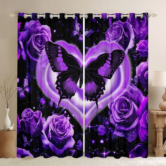 Castle Fairy Purple Butterfly Black Out Curtains,Rose Curtains Pack of 2 (42x63 Each)