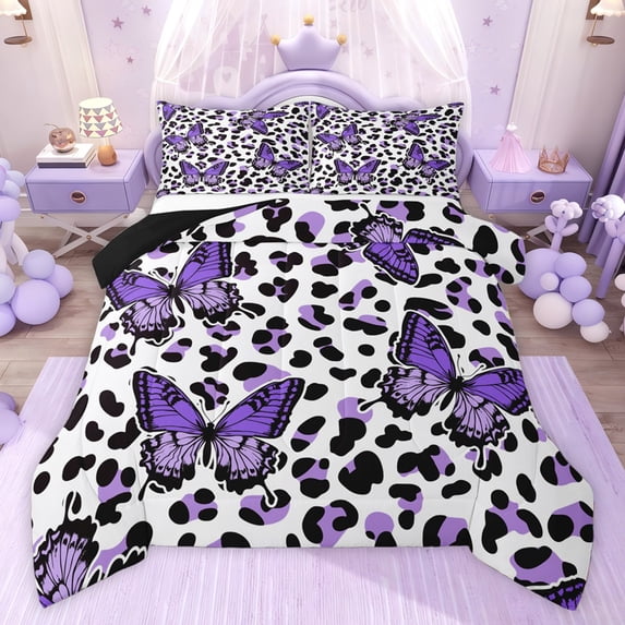 Castle Fairy Purple Butterfly Girl Boy Twin Comforter Sets,Leopard Print Bedding Set