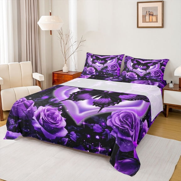Castle Fairy Purple Butterfly Girl Twin Sheet Sets,Chic Floral Rose Bedding