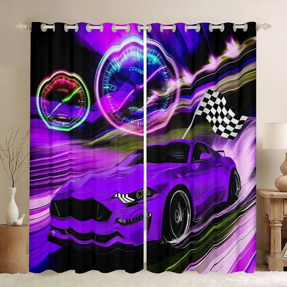 Castle Fairy Purple Car Black Out Curtains,Checkered Flag Curtains Pack of 2 (42x63 Each)