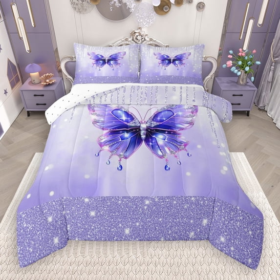 Castle Fairy Purple Crystal Butterfly 2Pcs Bedding Comforter Set for Girls Boys Teens,Abstract Gradient Twin Comforter Sets,Dreamy Princess Breathable Bedding Set,Microfiber Bedroom Decor