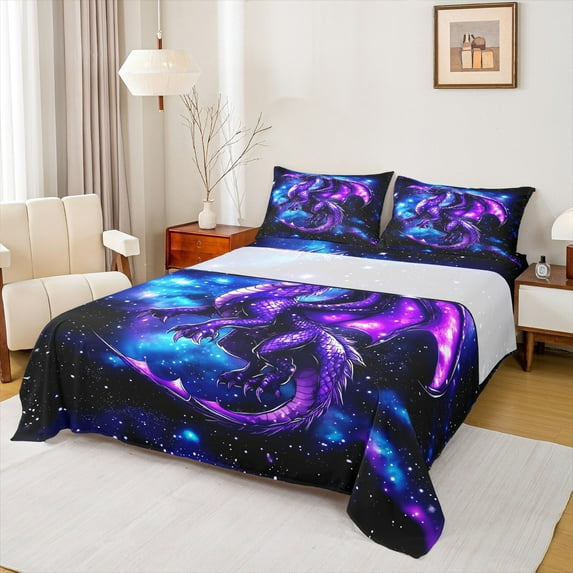 Castle Fairy Purple Dragon 3pcs Twin Sheet Sets,Blue Purple Twin Fitted Sheet,Galaxy Universe Breathable Flat Sheet,Microfiber Boys Bedroom Decor