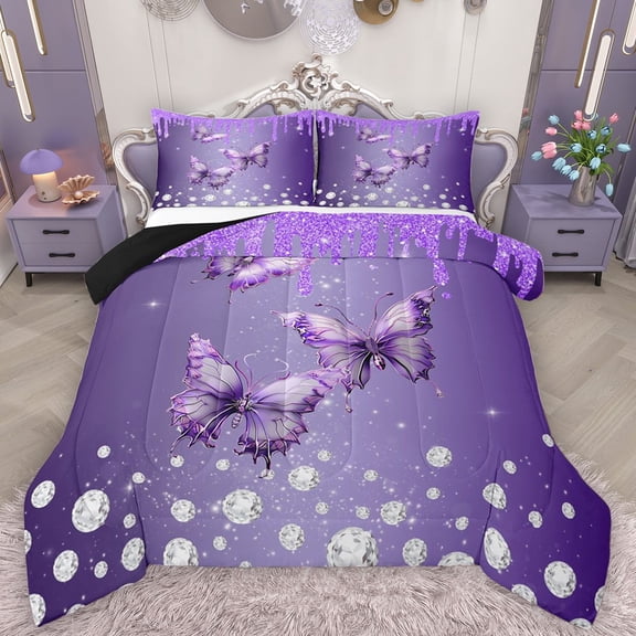 Castle Fairy Purple Floral Butterflies 3 Pieces Queen Comforter Set for Kids Children Teens,Dreamy Princess Ultra Soft Bedding Sets,Crystal Bling Glitter Splash Bedding Comforter Set Breathable