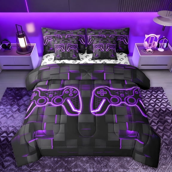 Castle Fairy Purple Gamepads Twin Bedding Sets,Video Game Bedding Comforter Set