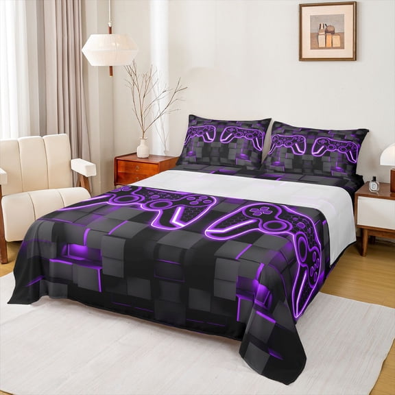 Castle Fairy Purple Gamepads Twin Sheet Sets for Kids Teens,Video Game Bedding