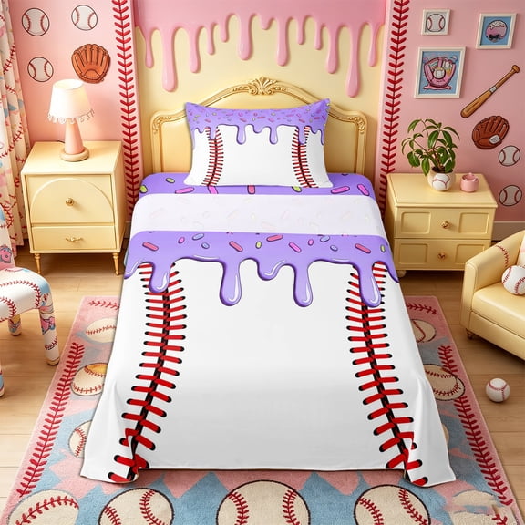 Castle Fairy Purple Ice Cream Drip Twin Sheets 3pcs, Sport Baseball Bedding,1 Fitted Sheet, 1 Flat Sheet and 1 Pillowcase