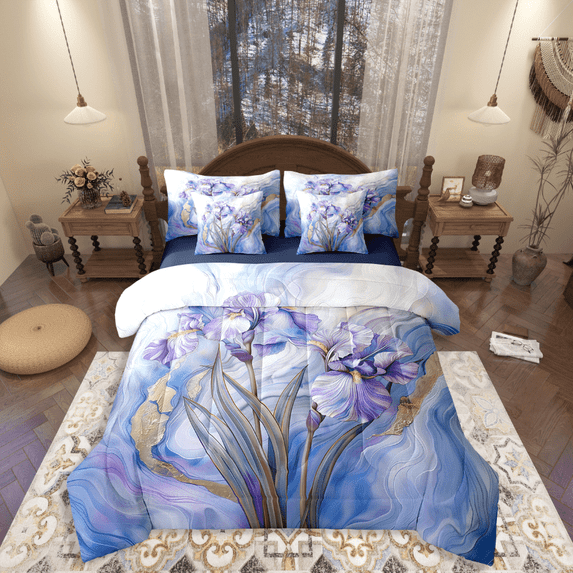 Castle Fairy Purple Iris 7-Piece Twin Bedding Sets,Watercolor Marble Bedding Comforter Set,Gradient Ombre Breathable Sheet Sets,Super Cozy Floral Room Decor,Reversible