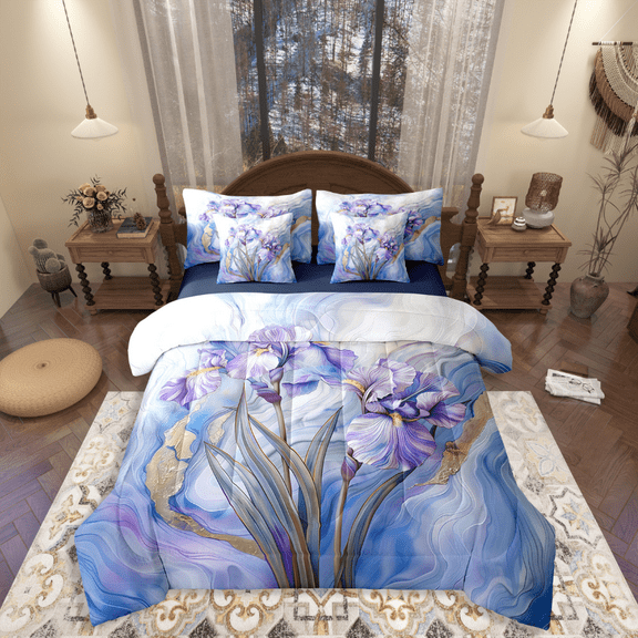 Castle Fairy Purple Iris 7-Piece Twin Bedding Sets,Watercolor Marble Bedding Comforter Set,Gradient Ombre Breathable Sheet Sets,Super Cozy Floral Room Decor,Reversible