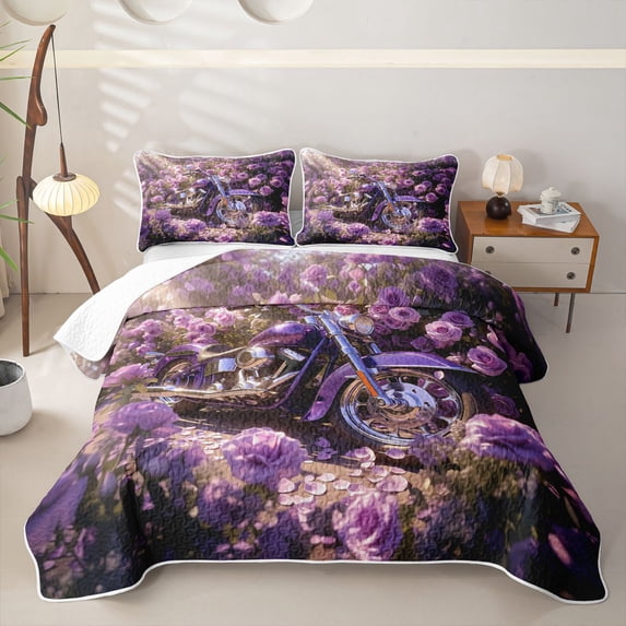 Castle Fairy Purple Motorcycle Twin Quilt Set,Rose Garden Art Twin Coverlet Set for Bedroom,Purple Pink