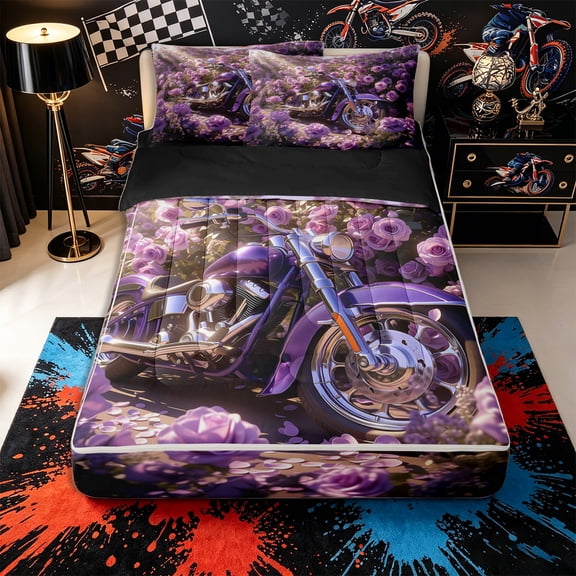 Castle Fairy Purple Motorcycle Zipper Twin Comforter Sets with Fitted Sheet and 2 Pillowcases,Rose Garden Art Zipper Bedding Set for Bedroom,Purple Pink,4-Piece,Black Reversible