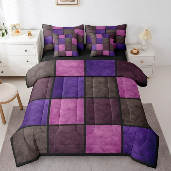 Castle Fairy Purple Pink Grid Bedding Comforter Set 7-Piece for Teenagers,Retro Geometric Checkered King Bedding Sets,Vintage Aesthetic Ultra Soft Bed Sheets,Breathable Home Decor,Reversible