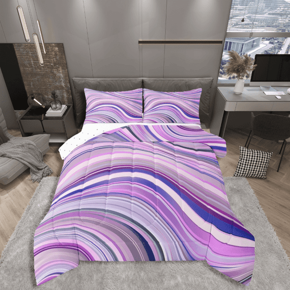 Castle Fairy Purple Stripes 2pcs Bedding Comforter Set,Abstract Artwork Twin Comforter Sets,Gradient Ombre Breathable Bedding Set,Breathable Geometric Home Decor,Reversible