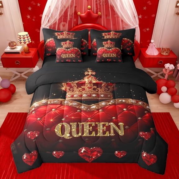 Castle Fairy Queen Crown Girl Bedding Comforter Set 7pcs,Bling Gold Glitter Queen Bedding Sets Super Cozy,Sparkling Red Crystal Queen Sheet Sets,Ultra Soft Home Decor,Reversible
