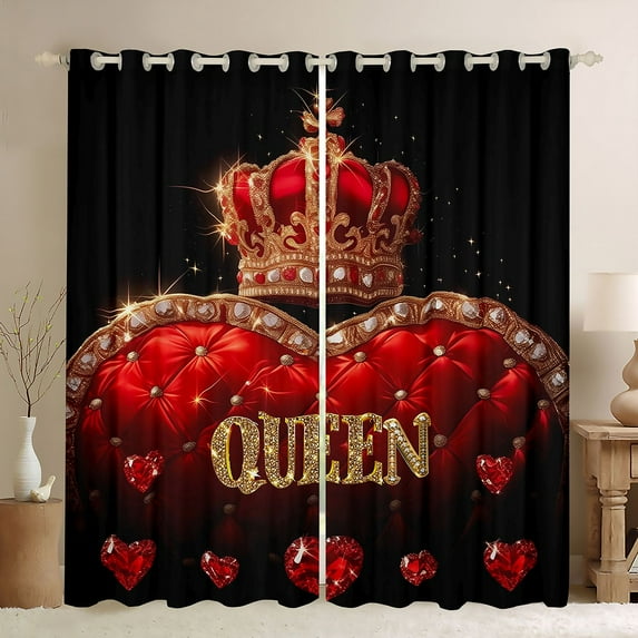 Castle Fairy Queen Crown Girl Black Out Curtains,Bling Gold Glitter Curtains Pack of 2 (42x63 Each),Sparkling Red Crystal Bedroom Curtains,Ultra Soft Home Decor